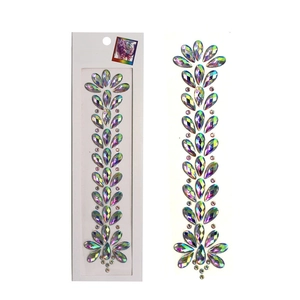 Detailed pattern of iridescent face crystal stickers with teardrop and round rhinestones