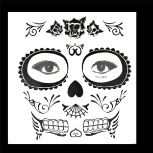 Detailed black sugar skull face tattoo sticker for Halloween and Day of the Dead decor