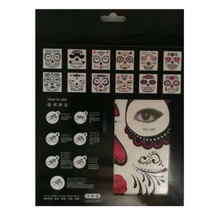Instructional view of Halloween Day of the Dead face tattoo set with application steps