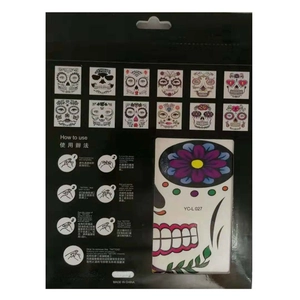 Macro detail of Halloween skull face tattoo stickers with YC-L027 patterns and usage guide