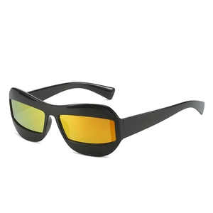 Black cat-eye sport sunglasses with orange mirrored lenses and wrap-around frame