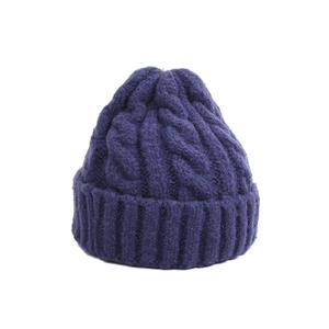 Detailed cable-knit texture on a dark purple and navy winter beanie with a folded cuff