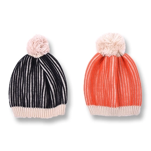 Kids Knitted Hat And Scarf Warm Winter Striped Pom Pom Contrast Color Beanie For Toddler Boys Girls