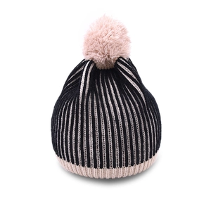Cozy striped knit bobble hat with beige pom pom for kids in black and cream