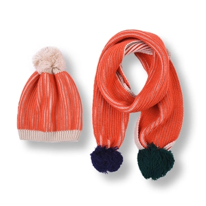 Kids orange striped knit beanie and scarf set with colorful faux fur pom-poms