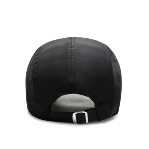 Rear view of black quick-dry baseball cap with breathable mesh and adjustable metal buckle