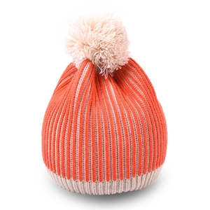 Kids orange and cream striped knit pom-pom beanie with warm ribbed cuff for winter