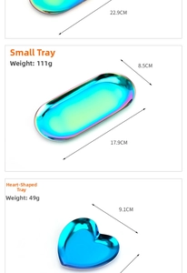 Detailed size and weight specs for oval and heart-shaped rainbow metal jewelry trays