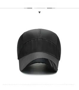 Front view of black quick-dry baseball cap featuring breathable mesh panels on the side