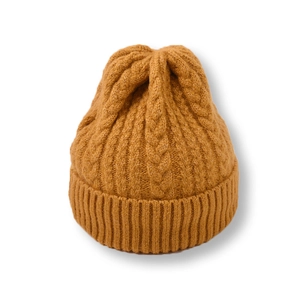 Ginger yellow cable knit beanie hat with ribbed cuff for winter warmth and comfort