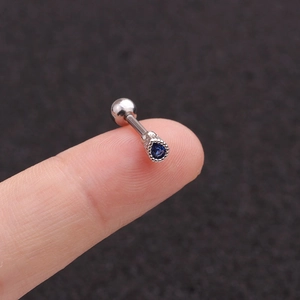 Silver stainless steel piercing stud with dark blue teardrop zircon and screw ball back