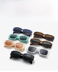 Detailed display of retro thick frame sunglasses in seven various vibrant colors