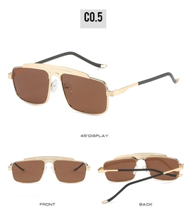 Three-view display of double-bridge metal sunglasses with brown lenses and golden frame