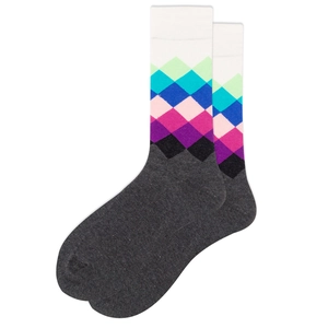Detailed knit texture of mid-cut crew socks with colorful diamond argyle pattern motifs