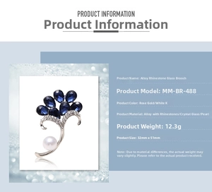 Detailed spec sheet showing blue crystal floral brooch with pearl and rose gold finish