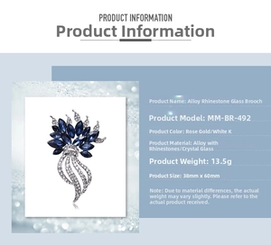 Detailed size specifications for alloy crystal glass feather brooch measuring 38mm by 60mm