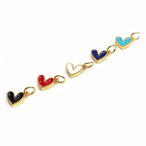Golden heart-shaped enamel charms in five colors with beaded edges and round bails