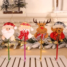 Macro detail of Christmas themed pens featuring Santa, snowman, and reindeer figures