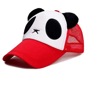 Cute panda baseball cap with plush ears and breathable red mesh back panel