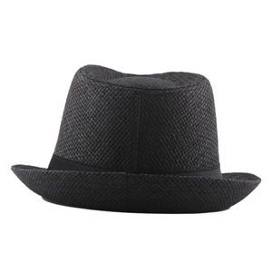 Summer black straw Panama jazz hat with square ribbon decoration for sun protection