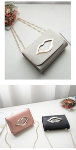 Detailed view of women's chain bags with golden lip-shaped hardware and star patterns