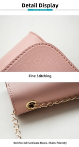 Close-up of pink leather shoulder bag with fine stitching and gold metal chain eyelets