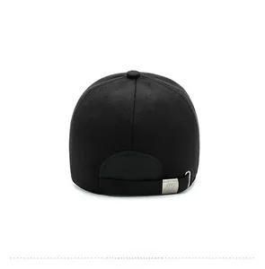Rear view of black wool baseball cap featuring adjustable silver metal buckle and strap