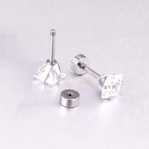Close-up of square cut cubic zirconia earrings with secure screw back design