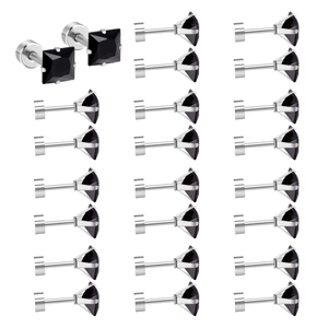 Set of 10 pairs of minimalist square black cubic zirconia earrings in stainless steel