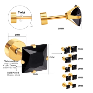 Detail showing gold plated stainless steel stud earrings with black cubic zirconia sizes