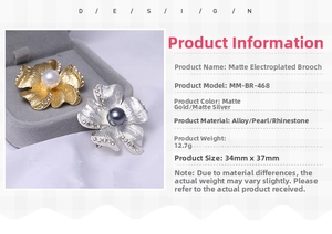 Detailed dimensions of matte gold and silver floral brooches with pearls and rhinestones
