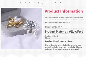 Matte finish alloy brooch with three pearls on silk background with size details