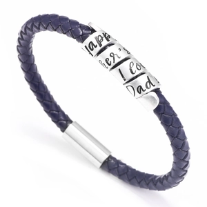 Blue braided leather bracelet with silver beads for Father's Day on a white background