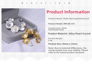 Macro shot of matte gold and silver flower brooches with pearls and rhinestones details