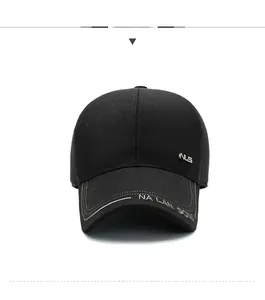 Front view of black wool baseball cap with metallic NLS logo and stitched brim detail