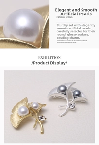Macro view of matte ginkgo leaf brooch with brushed metal texture and faux pearls
