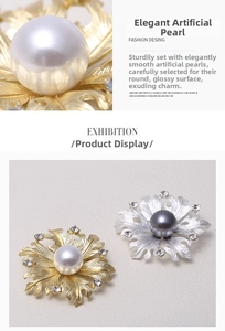 Macro detail of elegant flower brooches with faux pearls and rhinestones in gold and silver