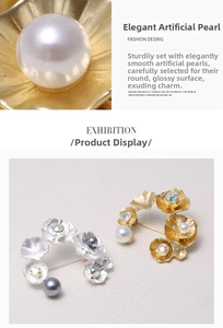 Detailed view of floral brooches featuring pearls and sparkling faceted rhinestones