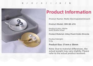 Detailed size specifications for matte gold and silver brooch with pearls and rhinestones