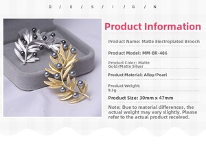 Detailed size chart for matte leaf brooches with dimensions and pearls material info