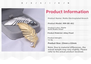 Detail view of matte gold and silver feather brooches with pearls and specification info