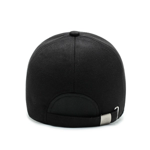 Men's winter baseball cap in black wool with back view showing adjustable metal buckle