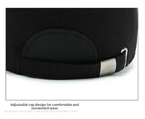 Detail of adjustable metal buckle and thick cotton fabric on winter baseball cap