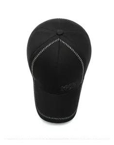 Top-down view of a black wool baseball cap with SPORTS embroidery and ear protection