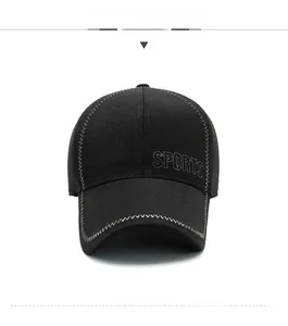 Close-up of black wool baseball cap featuring SPORTS embroidery and decorative zigzag stitching