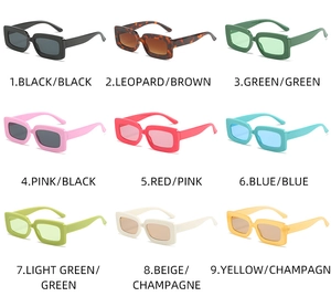 Collage of wide-frame vintage square sunglasses in nine vibrant candy colors for outdoor fashion
