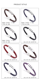 Detail showing various colors of woven leather bracelets with engraved Father's Day metal clasps