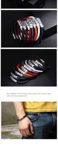 Detail of multi-color woven leather bracelets with engraved silver magnetic charms