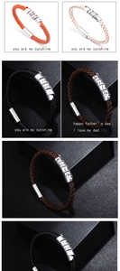 Detailed macro view of woven leather bracelets with engraved silver magnetic charms