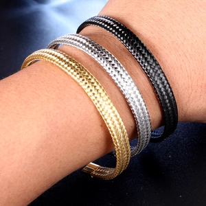 Mesh texture C-shaped bangles in gold, silver and black stainless steel for women